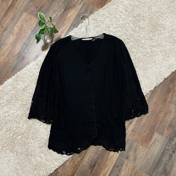 Soft Surroundings Half Moon Bay Embroidered Scallop Boho Button-Up Blouse - Picture 3 of 9